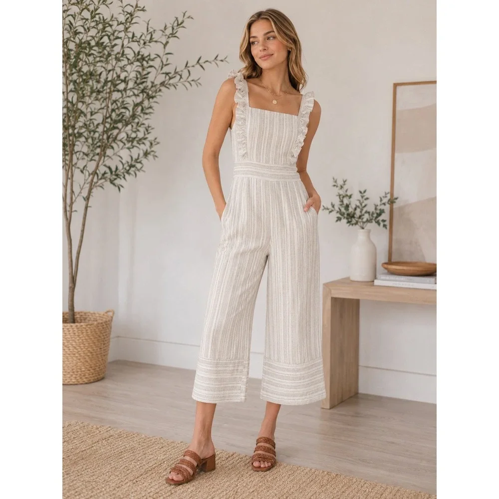 Lulus Emilia Rae Linen Blend Jumpsuit Small Wide Leg Ruffle Strap Coastal Resort